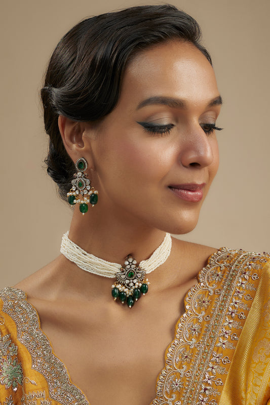 Gold Finish Kundan Polki & Green Stone Choker Necklace Set