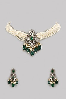 Gold Finish Kundan Polki & Green Stone Choker Necklace Set
