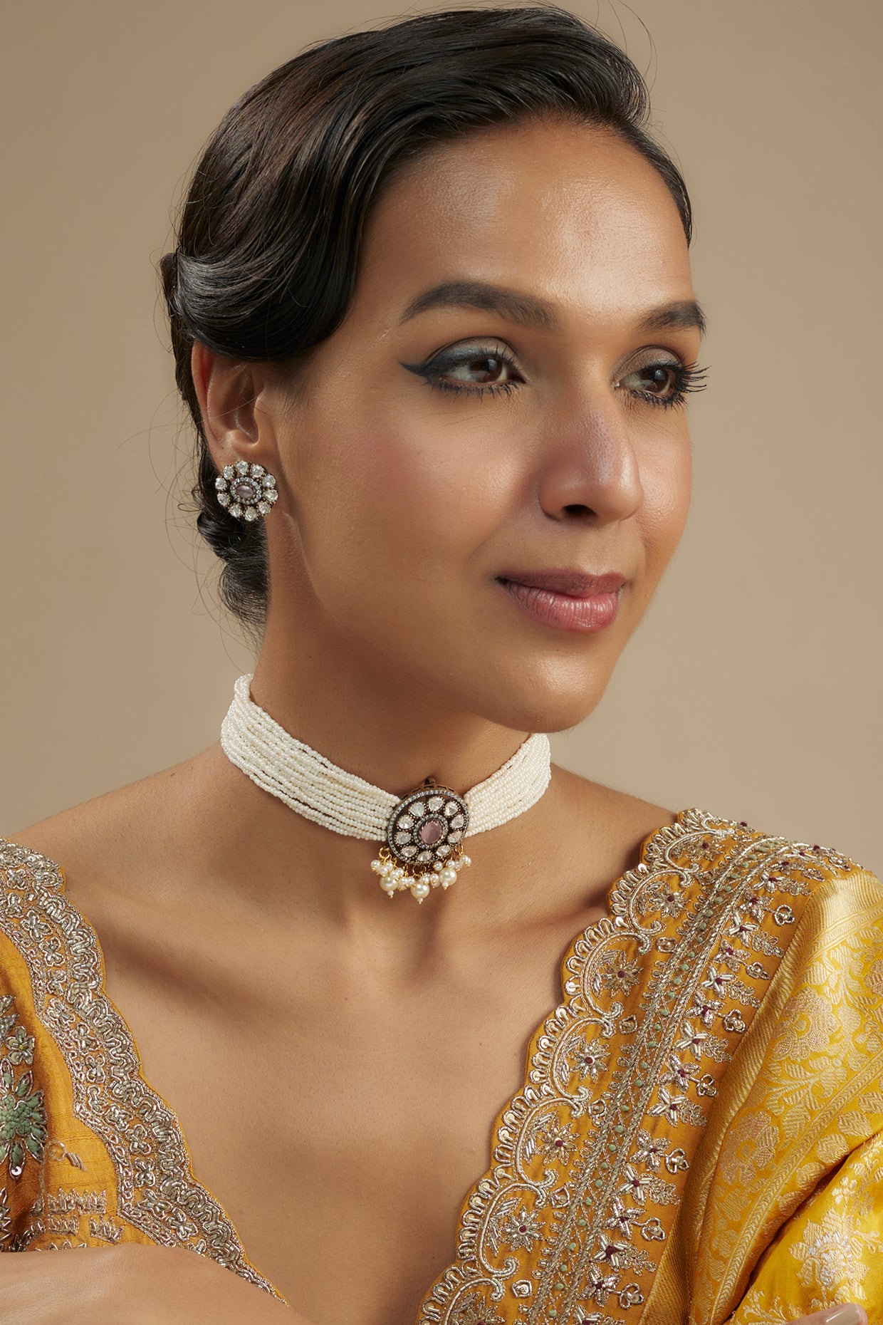 Gold Finish Kundan Polki Choker Necklace Set