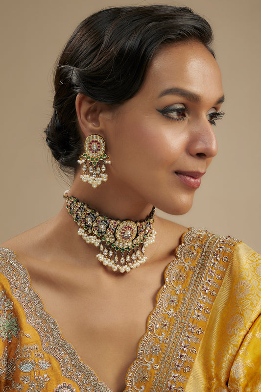 Gold Finish Kundan Polki & Multi-Colored Stone Choker Necklace Set