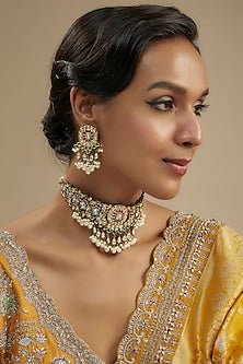 Gold Finish Kundan Polki & Multi-Colored Stone Choker Necklace Set