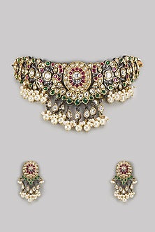 Gold Finish Kundan Polki & Multi-Colored Stone Choker Necklace Set