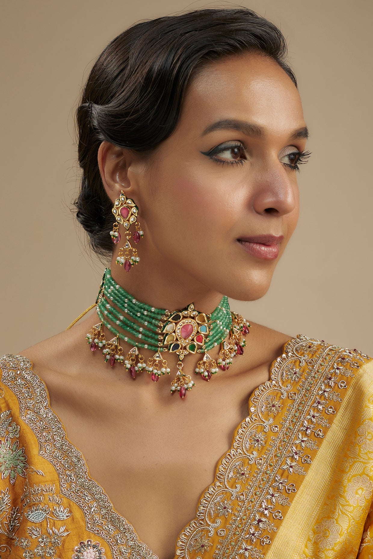 Gold Finish Kundan Polki & Multi-Colored Stone Choker Necklace Set