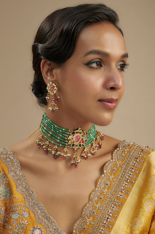 Gold Finish Kundan Polki & Multi-Colored Stone Choker Necklace Set