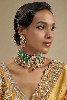 Gold Finish Kundan Polki & Multi-Colored Stone Choker Necklace Set
