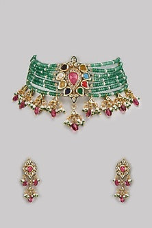 Gold Finish Kundan Polki & Multi-Colored Stone Choker Necklace Set