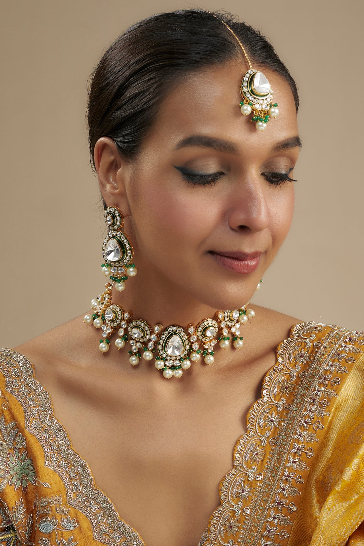 Gold Finish Kundan Polki & Green Stone Necklace Set