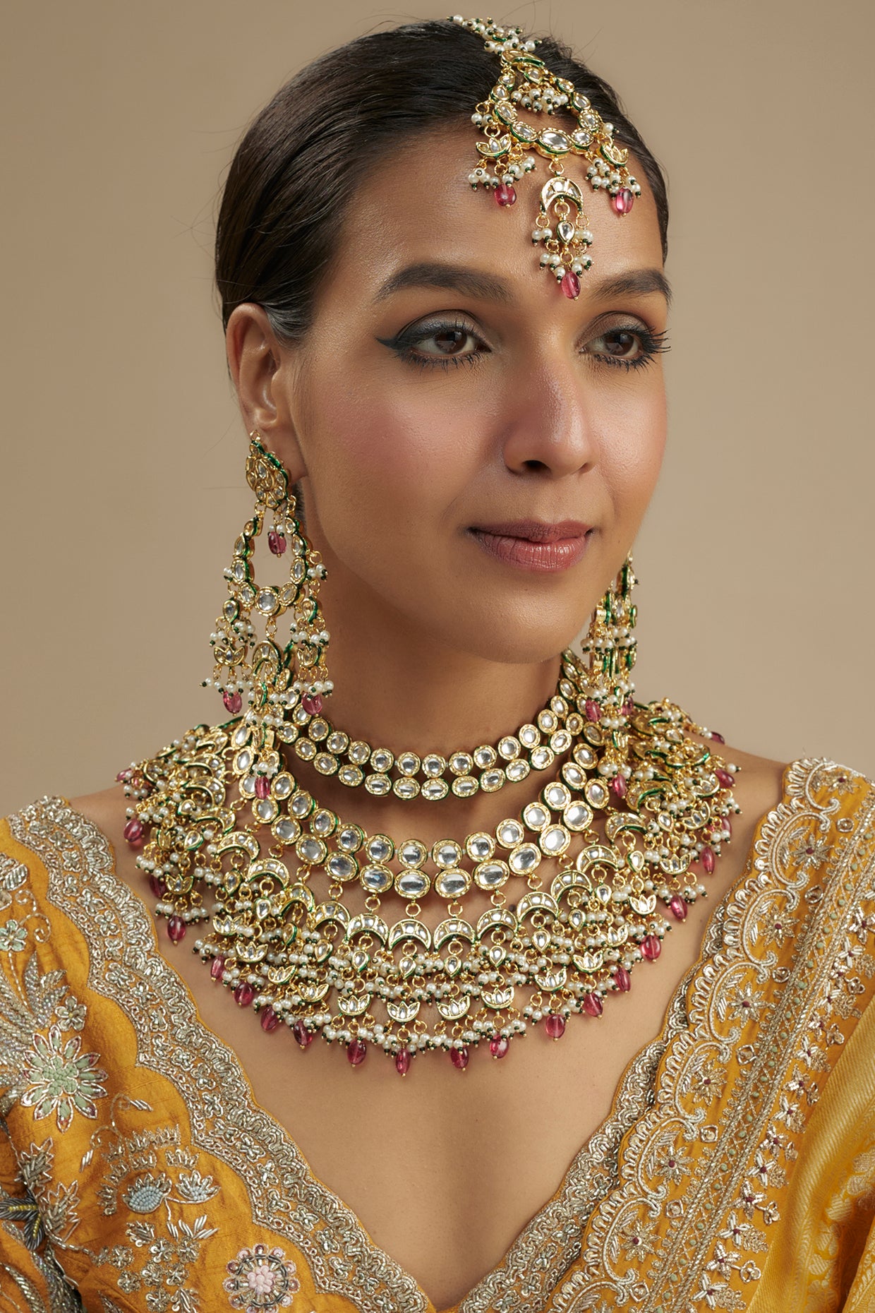 Gold Finish Kundan Polki & Ruby Stone Necklace Set
