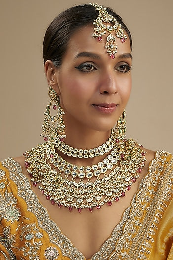 Gold Finish Kundan Polki & Ruby Stone Necklace Set