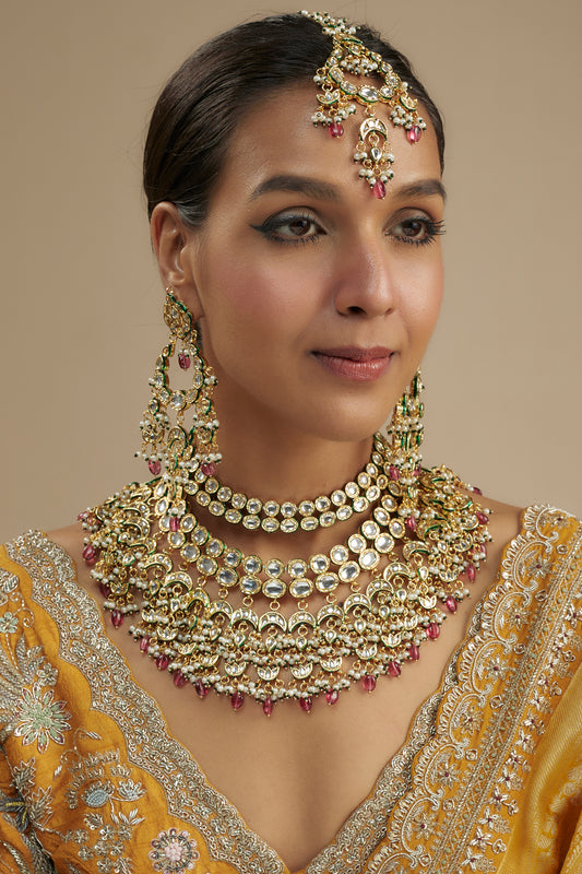 Gold Finish Kundan Polki & Ruby Stone Necklace Set
