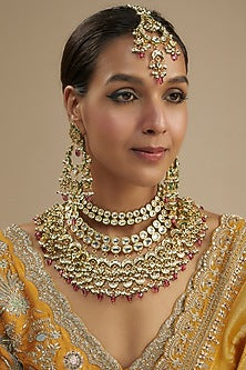 Gold Finish Kundan Polki & Ruby Stone Necklace Set