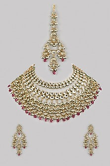 Gold Finish Kundan Polki & Ruby Stone Necklace Set