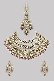 Gold Finish Kundan Polki & Ruby Stone Necklace Set