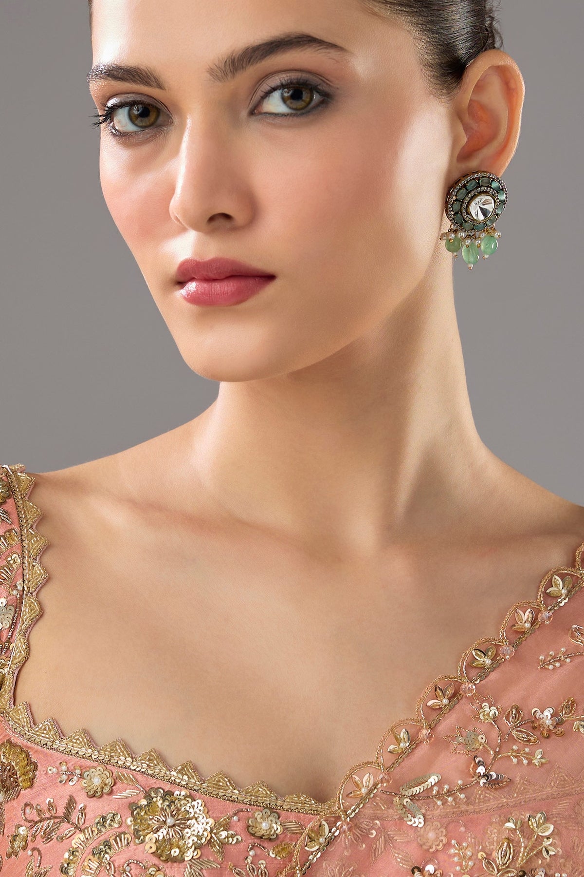 Gold Finish Jade Stone Stud Earrings