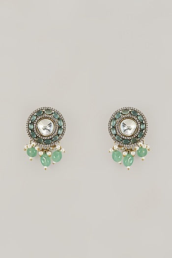 Gold Finish Jade Stone Stud Earrings