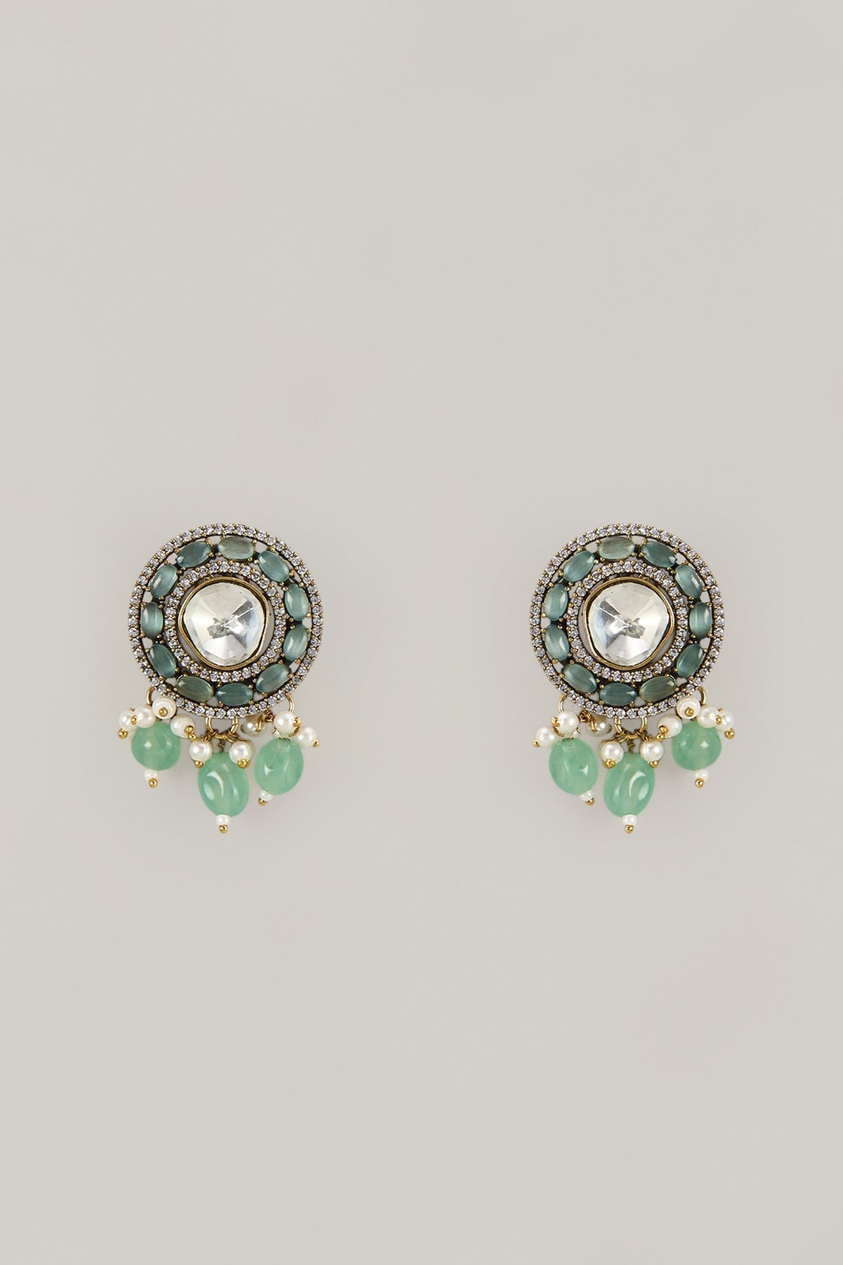Gold Finish Jade Stone Stud Earrings