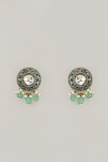 Gold Finish Jade Stone Stud Earrings