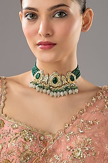 Gold Finish Emerald Synthetic Stone Choker Necklace