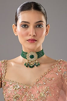 Gold Finish Emerald Synthetic Stone Choker Necklace