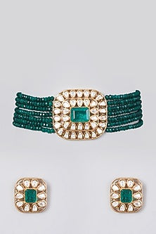 Gold Finish Kundan Polki & Green Beaded Choker Necklace Set