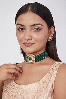 Gold Finish Kundan Polki & Green Beaded Choker Necklace Set