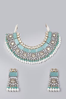 Two Tone Finish Pearl & Pastel Blue Stone Choker Necklace Set