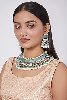 Two Tone Finish Pearl & Pastel Blue Stone Choker Necklace Set