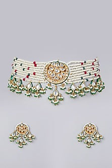 Gold Finish Pearl & Kundan Polki Choker Necklace Set