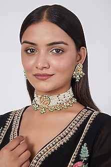 Gold Finish Pearl & Kundan Polki Choker Necklace Set