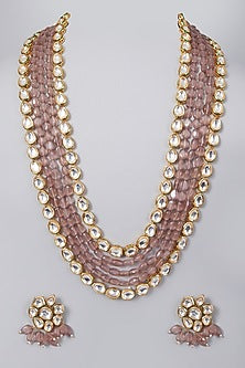 Gold Finish Kundan Polki & Mauve Beaded Long Necklace Set