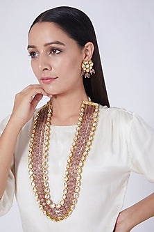 Gold Finish Kundan Polki & Mauve Beaded Long Necklace Set