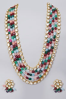 Gold Finish Kundan Polki & Multi Colored Beaded Long Necklace Set