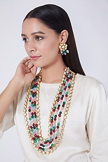 Gold Finish Kundan Polki & Multi Colored Beaded Long Necklace Set