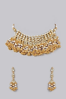 Gold Finish Kundan Polki & Pearl Choker Necklace Set