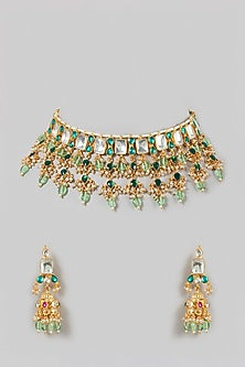 Gold Finish Kundan Polki & Green Beaded Choker Necklace Set