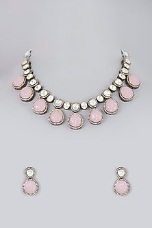Two Tone Finish Pastel Pink Stone Choker Necklace Set
