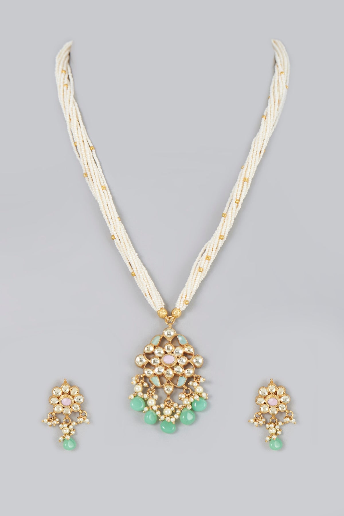 Gold Finish Pearl & Kundan Polki Long Necklace Set