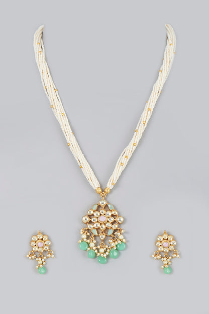 Gold Finish Pearl & Kundan Polki Long Necklace Set