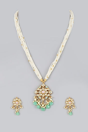 Gold Finish Pearl & Kundan Polki Long Necklace Set