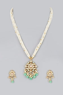 Gold Finish Pearl & Kundan Polki Long Necklace Set