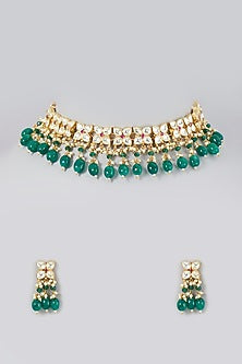 Gold Finish Kundan Polki & Green Beaded Choker Necklace Set