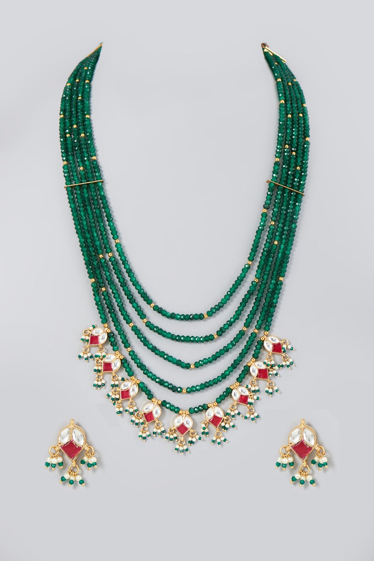 Gold Finish Kundan Polki & Beaded Green Enameled Long Necklace Set