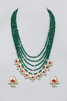 Gold Finish Kundan Polki & Beaded Green Enameled Long Necklace Set