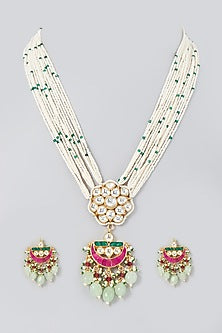 Gold Finish Kundan Polki & Green Beaded Long Necklace Set