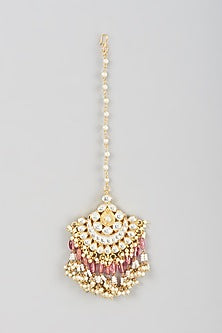 Gold Finish Kundan Polki & Pink Beaded Maang Tikka