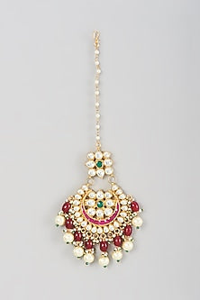 Gold Finish Kundan Polki & Maroon Beaded Maang Tikka