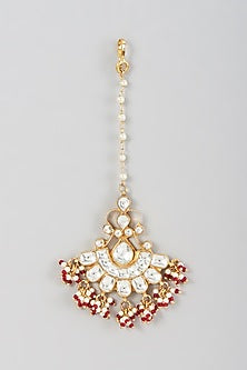 Gold Finish Kundan Polki & Pearl Maang Tikka
