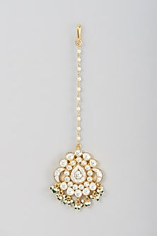 Gold Finish Kundan Polki & Pearl Maang Tikka