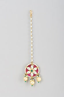 Gold Finish Kundan Polki & Pearl Maang Tikka