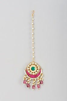 Gold Finish Kundan Polki & Pearl Beaded Maang Tikka